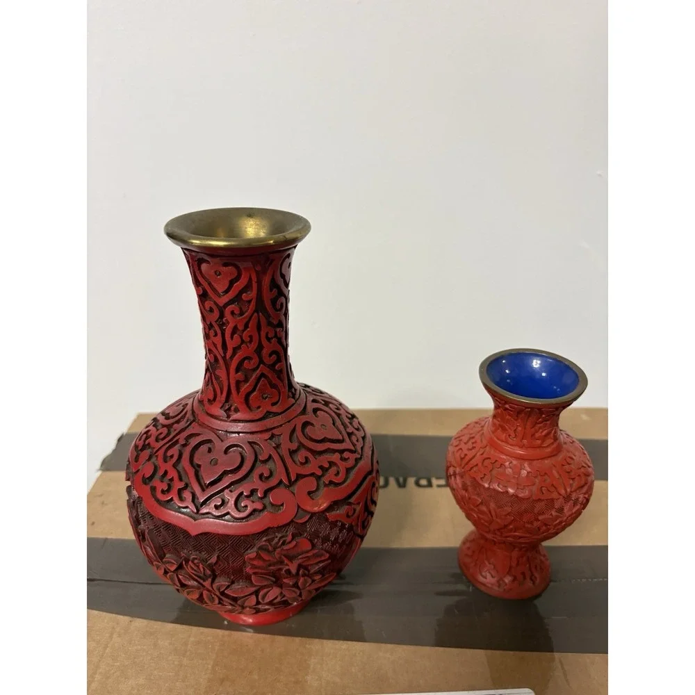 2pc Red Metal Bottle Vases Set Floral Carved Black/Gold Accents Blue Interior